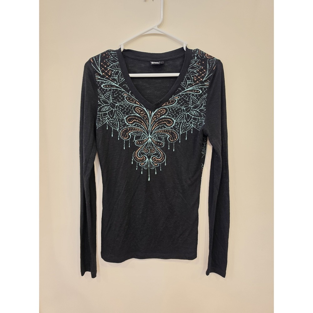Cruel Black Graphic Long Sleeve Top Size M Western Cowgirl Rodeo Ranch Country